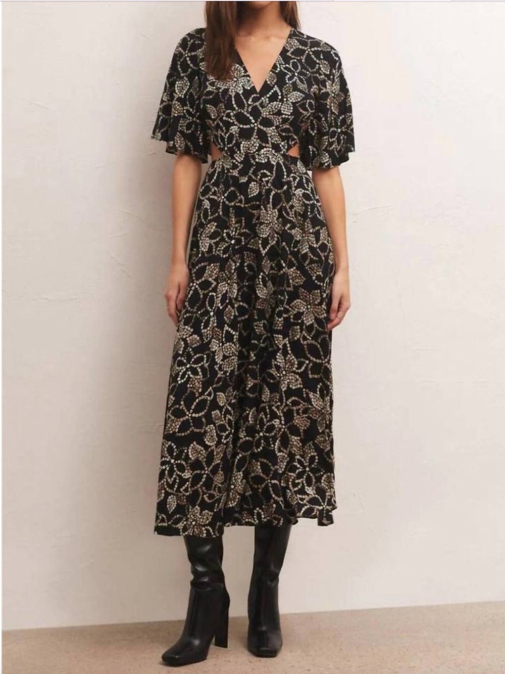 Z Supply Iris Batik Black Beige Floral Midi Dress, Medium, NWT Cutouts Bohemian